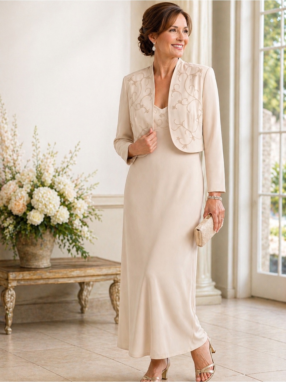Rimini Champagne Formal Dress & Jacket Set Size 10 Beaded Elegant Wedding